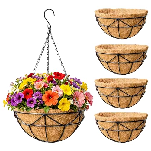 EIMQUVW 14 Inch Coconut Fiber Hanging Planter 4 Packs Durable Metal Hanging Baskets with Chains Outdoor Wire Pot for Spring and Summer Front Porch Garden Decoration - size: 14 Inch, style: Geometric