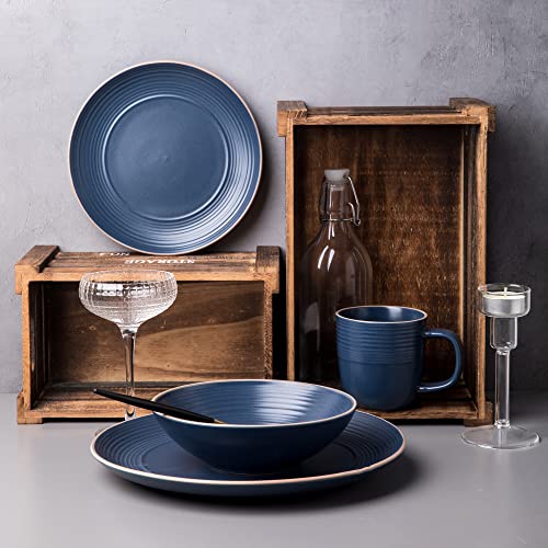 Arora RINGAR Round Stoneware 16pc Double Bowl Dinnerware Set for 4, Dinner Plates, Side Plates, Cereal Bowls, Pasta Bowls - Speckle Matte Blue (420796) - color: Speckle Matte Blue-Cereal/Pasta Bowl, style: Round-Service for 4(16pcs)