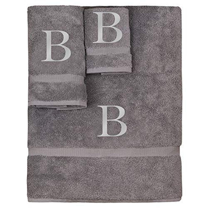 Monogrammed Towel Set, Personalized Gift, Set of 3- Silver Block Letter Embroidered Towel - Extra Absorbent 100% Turkish Cotton - Soft Terry Finish - Initial B Gray - color: Gray & Silver, size: Initial - B