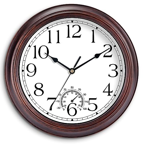 KECYET 8.5" Wall Clock with Thermometers Vintage Silent Battery Operated | Outdoor clock outdoor clocks for patio waterproof - color: B_copper Red, size: 8.5 Inch