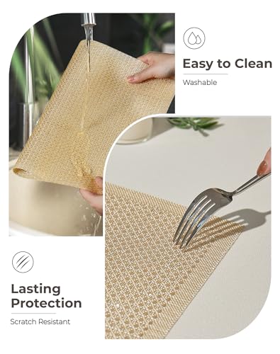 Leetaltree Woven Vinyl Placemats Set of 8, Gold Sequin | Waterproof & Washable Dining Table Mats for Wedding, Anniversary, Daily Use, Hand-Cut, Easy to Clean - color: 00- Gold Sequin, size: Set of 8