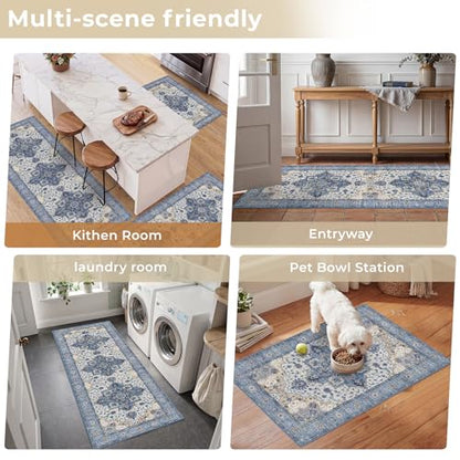 3 Piece Kitchen Rugs Sets with Runner, Washable Non Slip Soft Boho Kitchen Mats, Low Pile Stain Resistant Carpet for Hallway, Laundry Room, Entryway (20"x32"+20"x48"+20"x59", Blue Beige Cream) - color: Blue Beige Cream