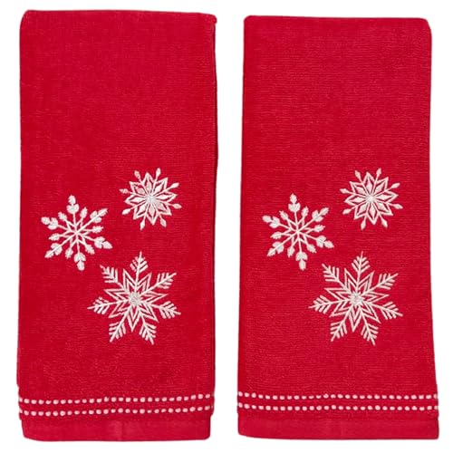 Christmas Hand Bathroom Towels, 2 pc Set, Embroidered White Snowflakes on Red, 100% Velour Terry Cotton, Holiday Decor for Bath or Kitchen - color: 3 Snowflakes Red