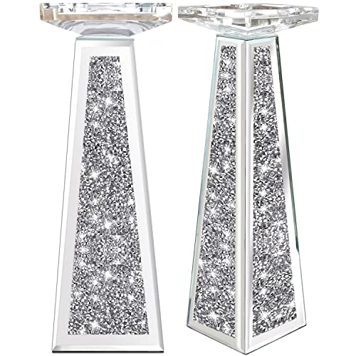 Wocred 2 Piece Candlestick Holders for Holding Pillar Candles, Crystal Crushed Diamond Candle Holders Set Decor for Dinning Room, Silver Glass Votive Candle Holders for Table Centerpiece(12”) - size: 12 Inch Diamond Silver