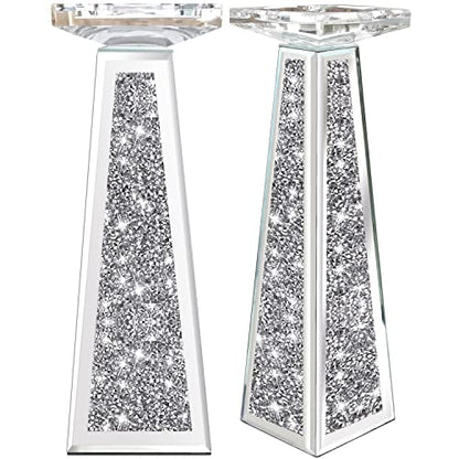 Wocred 2 Piece Candlestick Holders for Holding Pillar Candles, Crystal Crushed Diamond Candle Holders Set Decor for Dinning Room, Silver Glass Votive Candle Holders for Table Centerpiece(12”) - size: 12 Inch Diamond Silver