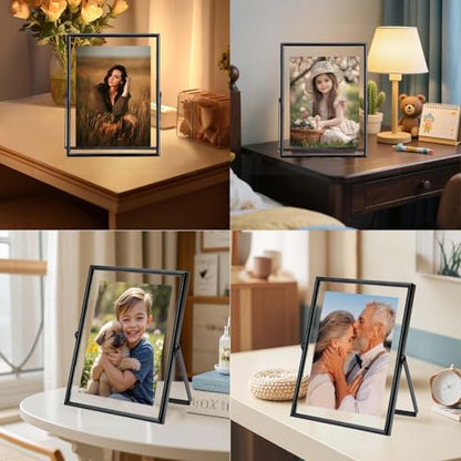 2 Pack 5X7 Black Floating Picture Frame For Picture Size 5×7 4x6 3x5 Metal Glass Photo Frames,Tabletop Display Vertically,Home Wedding Party Office Decor