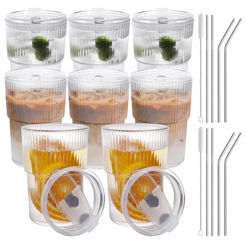 16 OZ Reusable Iced Coffee Cups with Lids and Straws, Unbreakable Plastic Drinking Glasses for Iced Tea, Juice, Water, BPA Free, Dishwasher Safe, Set of 8 - style: 8 pack
