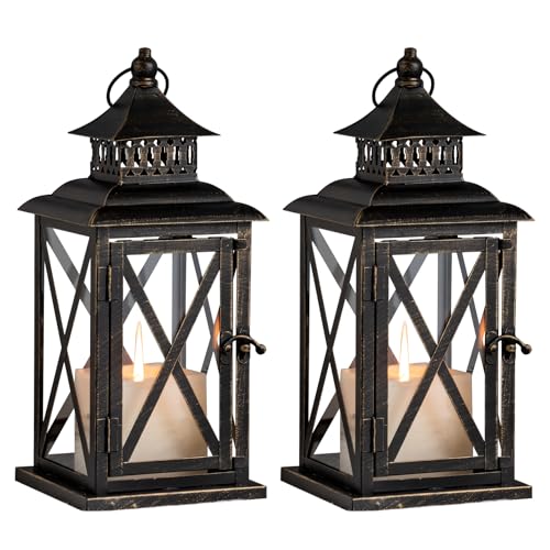 Lantern Decorative Indoor & Outdoor, 2 Pack Large Hanging Candle Lanterns Home Decor, Vintage Metal Candle Holders for Front Porch Patio Wedding Party, Halloween Christmas Decorations (Black) - color: Black / 14.8'' / 2 Pcs