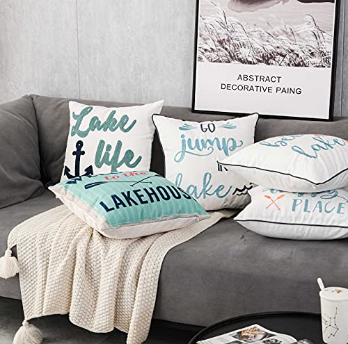 Embroidered Lake Life Throw Pillow Cover,Square 18 inches Decorative Canvas Pillow Cover with Lake Life Pattern,Cover Only