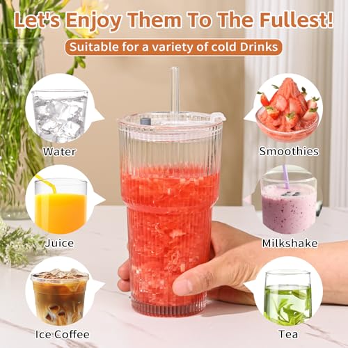 20oz Ribbed Glass Cups with Lids and Straws,2PCS Glass Tumbler with Straw and Lid,Iced Coffee Cups Drinking Glasses for Juice Whiskey Cocktail Beer