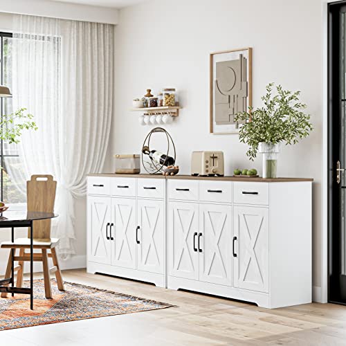 HOSTACK Kitchen Buffet Cabinet with Storage, Sideboard Coffee Bar, White | Farmhouse Kitchen Storage Cabinet with 3 Drawers & Adjustable Shelf, 42.5"W Buffet Table for Dining Living Room - color: White
