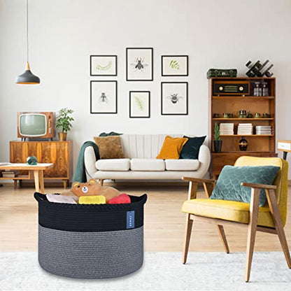 COMSE XXXLarge Woven Blanket & Laundry Basket, 87L, Black & Gray | 21.7" x 13.8", Cotton Rope, Nursery Hamper for Storage of Toys Clothes Towels, Ideal for Living Room Bedroom Bathroom - color: Black & Gray