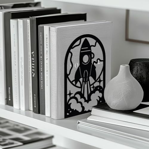 5.3"x4.3"x7.9" Metal Bookends, Heavy Duty Book Ends for Shelves | Rocket Theme Cast Iron Book Supports, 1 Pair Decor Stoppers for Desk, Library, Office & Home Shelves - style: Rocket