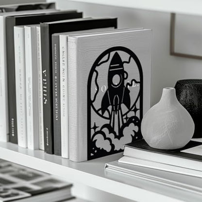 5.3"x4.3"x7.9" Metal Bookends, Heavy Duty Book Ends for Shelves | Rocket Theme Cast Iron Book Supports, 1 Pair Decor Stoppers for Desk, Library, Office & Home Shelves - style: Rocket