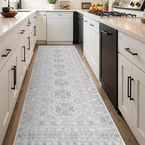 Ksrau 3x10 Runner Rug Washable Vintage: Non Slip Hallway Runners Grey | Oriental Indoor Floor Mat for Kitchen Soft Low Pile Thin Carpet for Entryway Bedroom Living Room Bathroom Home Office Decor - color: Grey, size: 3' x 10' (Rectangular)