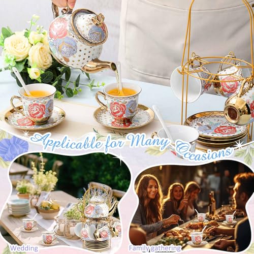 Zhehao 20 Pcs Porcelain Tea Set with Metal Holder and Spoon Adult Ceramic Tea Set European Flower Painting Teapot Cup Saucer Spoon for Women Mom Gift, Large Version (Romantic Style) - color: Romantic Style