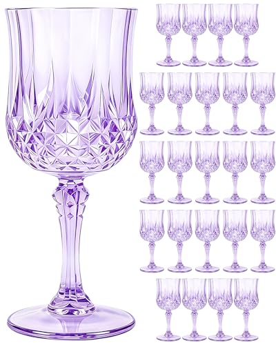 24PCS Light Purple Plastic Wine Glasses 7oz Acrylic Goblets | Unbreakable Shatterproof, Reusable & Disposable, Vintage Drinking Glasses with Stem, for Wedding Outdoor Dinner Party - color: Light Purple