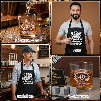 40th Birthday Gifts for Men 40th Birthday Party Supplies | Include 11 Oz Glass Stone Ice Tong Bottle Opener Cap Apron Socks Keychain Greeting Card for Him, Dad, Husband, Friends - style: 40th