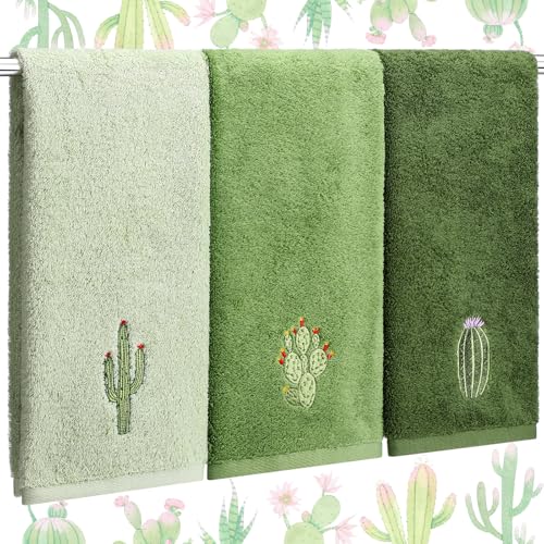 3 Pcs Cactus Dark Green Summer Hand Towels for Bathroom 100% Cotton 29.5 x 13.8'' Embroidered Decorative Absorbent Soft Bath Hand Towels for Bathroom Kitchen Gift Decor - color: Dark Green, style: Cactus