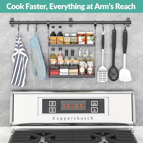 NADAMOO Spice Rack Wall Mount, 2-Tier Storage Shelf with Utensil Hanger | Adjustable Shelf & Hooks, Holds 40 lbs, Black Metal Vertical Storage Organizer Fits Kitchen Bathroom Laundry Coffee Bar