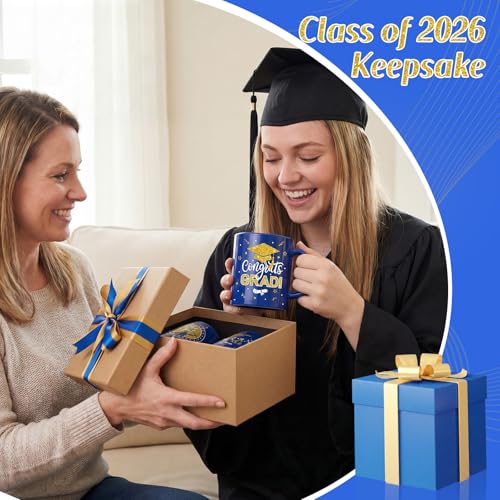 Pickmesh Graduation Coffee Mug Set of 6, 10oz Ceramic Coffee Cups with Heart-Shaped Handles, Navy Blue and Gold Class of 2026, Congrats Grad, Bulk Graduation Gifts for Party Favors - color: Blue, style: Graduation