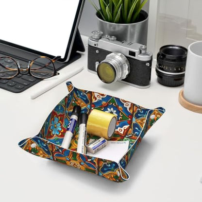 Leather Valet Tray Desktop Storage Organizer Travel Storage Dish Plate | Mexican Ceramic Tile Valet Organizer Personalized Catchall Tray For Jewelry, Wallets, Watches, Keys, Gift