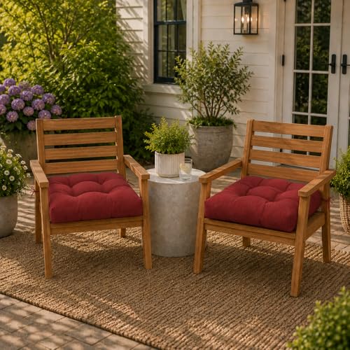 Magpie Fabrics Outdoor Tufted Seat Cushion 19"x19" Set of 2 (Dark Red) | Waterproof Patio Chair Pads with ties Tatami Floor Pillow for Room Garden Balcony Office - color: Dark Red
