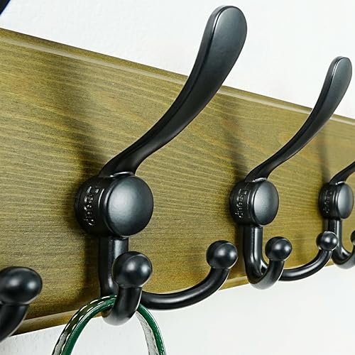 Wall Mount Coat Hanger - Heavy-Duty Robust Barnwood-Style Wooden Hook Rail with 5 Triple Hooks for Winter Coats, Hats, Jackets, Weathered Green & Black - color: Weathered Green & Black, size: L=17.4"