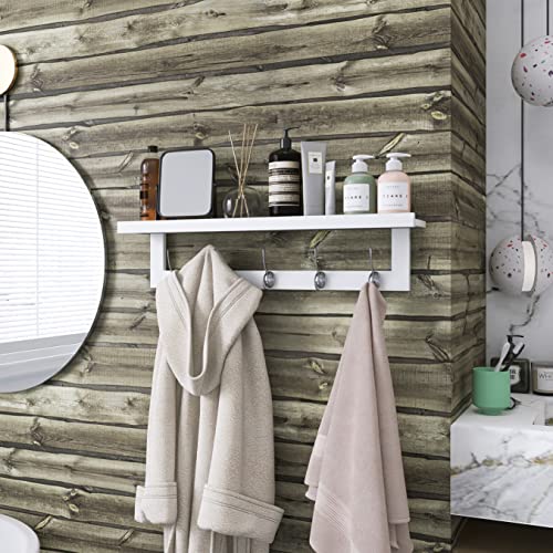 SMIBUY Coat Hooks with Shelf Wall-Mounted, 29.2 Inch Entryway Coat Rack for Wall, Bamboo Hanging Shelf with 5 Double Metal Hooks for Bathroom, Bedroom, Kitchen, Living Room, Mudroom (White) - color: White