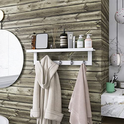 SMIBUY Coat Hooks with Shelf Wall-Mounted, 29.2 Inch Entryway Coat Rack for Wall, Bamboo Hanging Shelf with 5 Double Metal Hooks for Bathroom, Bedroom, Kitchen, Living Room, Mudroom (White) - color: White