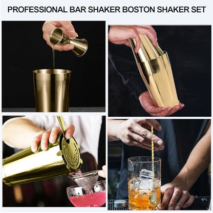 Mwellewm Cocktail Shaker Boston Shaker Set 15 Pcs Professional Bartender Kit Bar Shaker Stainless Steel Drink Shaker Bartending Beginner Martini Shaker Tin Mixed Alcohol Shaker Tool(Gold) - color: Gold