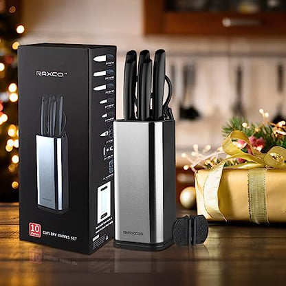 Knife Set,10-Piece Stainless Steel Kitchen Knife Set with Block,Black | Compact Small Countertop Holder,Pro-Sharpened Stainless Steel Chef Knives, Space Saving Knife Set for RV & Apartment - color: BK
