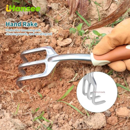 Brown Garden Tool Sets, Aluminum Gardening Hand Tool Kit 4-Piece | Transplant Trowel, Hand Rake, Curved Pruner with Ergonomic Handle, Garden Gloves, Gardening Gift for Men Women Plant Lover - color: brown-4pcs