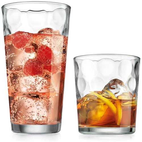 Home Essentials Drinking Glasses Set of 16, 8 Highball Glasses -17 oz., 8 Rocks Whiskey Glass Cups 13 oz., Inner Circular Lensed Glass Cups. - size: 16 Piece Set (8 x 17 oz Highball, 8 x 13 oz Rocks)