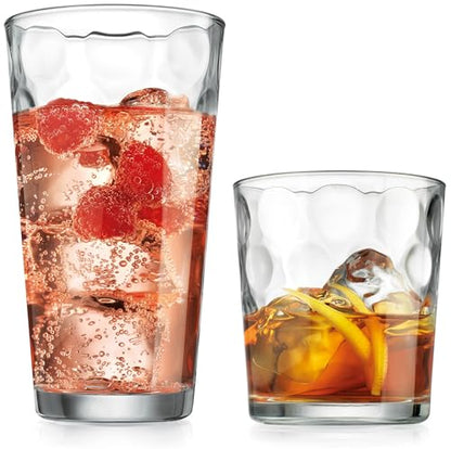 Home Essentials Drinking Glasses Set of 16, 8 Highball Glasses -17 oz., 8 Rocks Whiskey Glass Cups 13 oz., Inner Circular Lensed Glass Cups. - size: 16 Piece Set (8 x 17 oz Highball, 8 x 13 oz Rocks)