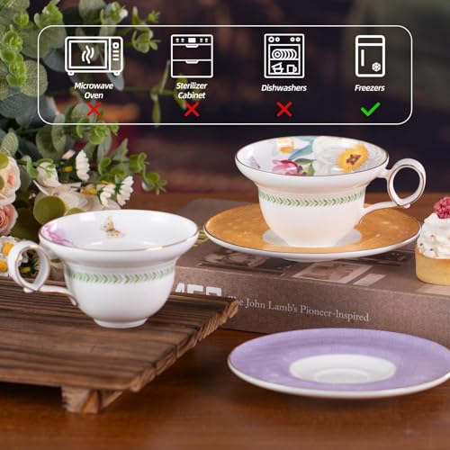 KAMMAK Tea Cups Set of 2,Ceramic Floral Pattern Demitasse Cup | Porcelain Espresso Cup with Saucer, 5.92 oz Handmade Elegant Bone China Tea Cups for Latte, Americano, Cappuccino - color: Vine (B.Purple+C.Yellow)