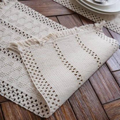 Macrame Table Runner Cream Beige Boho Table Runners with Tassels Hand Woven Cotton Table Runner Rustic Farmhouse Table Runners for Bohemian Kitchen Dining Table(12x48in) - size: 12"Wx48"L