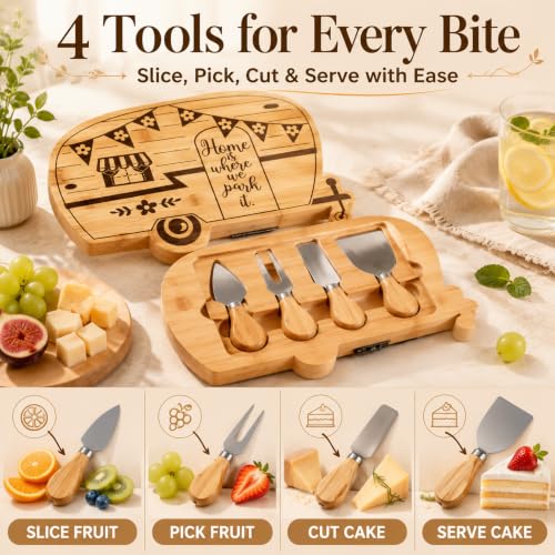 Foldable RV Charcuterie Boards Gift Set for Serving with Utensils | Happy Camper Bamboo Cutting Board, House Warming Gifts New Home, Wedding, Birthday & Bridal Shower Gifts for Women Couples - size: 11.7''L x 7.9''W