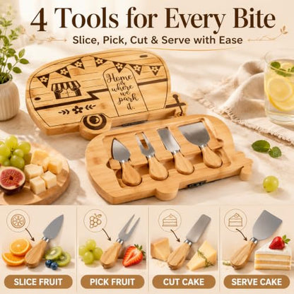 Foldable RV Charcuterie Boards Gift Set for Serving with Utensils | Happy Camper Bamboo Cutting Board, House Warming Gifts New Home, Wedding, Birthday & Bridal Shower Gifts for Women Couples - size: 11.7''L x 7.9''W