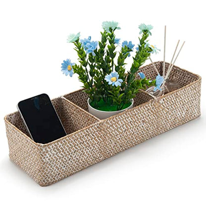 Whitewash Seagrass Storage Basket Woven Shelf Baskets for Bathroom Vanity Dresser Organizer 14.6inch x 4.7inch x 3.1inch - color: 3 Sections without Lid White