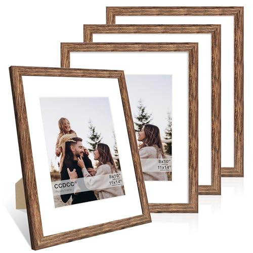 11x14 Picture Frame Set of 4, 11 x 14 Wood Photo Frames with Mat for 8x10, Natural Wooden Frame with Real Glass Cover for Wall and Tabletop Display,Rustic Brown - color: Rustic Brown, size: 11x14-4Pack