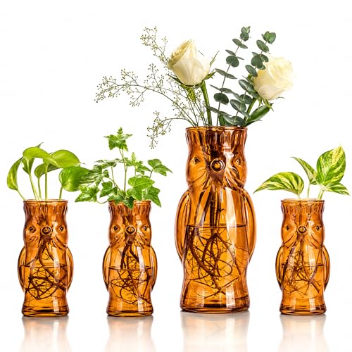 Owl Plant Propagation Station: Set of 4 Cute Brown Glass Vases | Small Plant Terrarium for Hydroponics, Home Office Decor, Birthday Gifts for Plant Lovers Women Mom Wife Daughter - color: Brown
