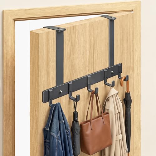 Adjustable Over The Door Hooks, 5 Hooks Over The Door Organizer with Suction Cup, Towel Racks for Bathroom Fits 1.38~2.56 in Thick Door, for Bedroom Door, Entrance Door - 7.09 in Tall - size: 7.09" Tall