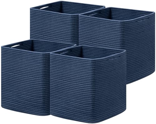 joybest 13inch Cube Storage Bins, Cotton Rope Woven Organizer Basket | Set of 4 Cube Bin Square Shelves Organizer Closet Storage, Nursery, Toy Organization, Navy Blue - color: Navy Blue, size: 13×13×13 Inches