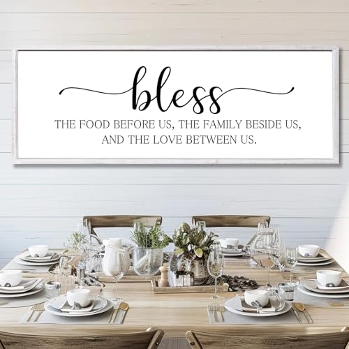 Rutiyoka Bless the Food Before Us Sign Framed Farmhouse Dining Room Wall Decor Large 42"×15" Wood Kitchen Wall Art White - color: bless the food (white frame)