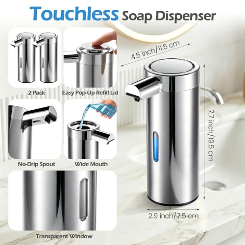 2 Pack Automatic Foaming Soap Dispensers, 360 ML Touchless Automatic Soap Dispenser, USB-C Rechargeable, 3 Levels Adjustable, Waterproof Smart Hand Dispenser for Kitchen & Bathroom, Silver