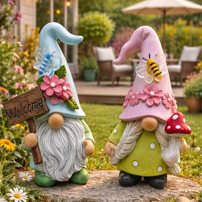 Cute 2 PCS Gnomes Statues Decor, Resin Figurines and Sculpture Décor, for Indoor Outdoor Yard Lawn Garden Home Patio Farmhouse Kitchen Table Decoration(Welcome Sign and Mushroom) - style: Welcome Sign and Mushroom-Holding