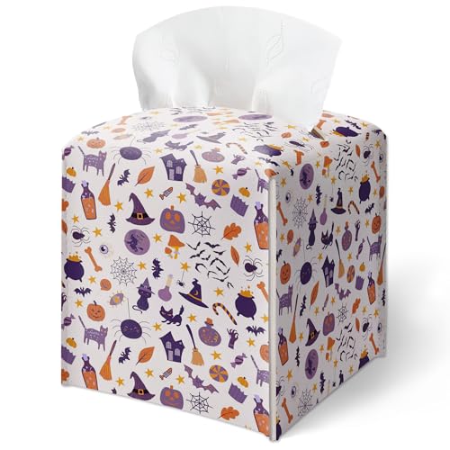 Halloween Tissue Box Cover, Pumpkins & Bats Tissue Box Cover Spiders Web Witch Hat Pattern, Aesthetic Home Desktop Decor for Kitchen Living Room Bathroom Vanity Office, Gift for Women & Friend-A20 - color: Halloween Pumpkins & Bats Pattern