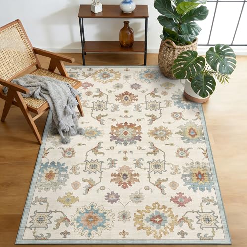 BLISSA Washable 3x5 Entryway Rug Cream Multi Oushak Print Non-Slip Door Mat | Oriental Ultra-Thin Distressed Soft Boho Vintage Bedside Throw Rug for Indoor Kitchen Bedroom Bathroom Dorm Nursery - color: Oushak - Cream Multi, size: 3' x 5' (Rectangular)
