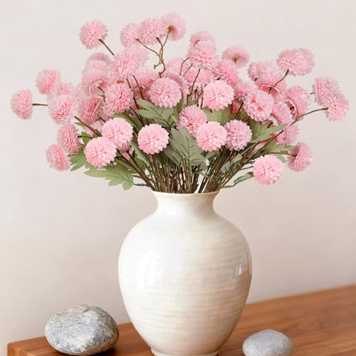 INQCMY Artificial Silk Mums 20" Faux Stem Kiku Flowers for Vase Home Decor | 12 Pcs Fake Chrysanthemums Pink Fall Flower, Realistic Pompon Balls for Indoor Living Room Thanksgiving Table Centerpieces - color: Pink